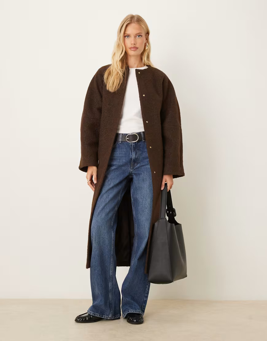 ASOS DESIGN collarless boucle longline formal coat in bitter chocolate-Brown | ASOS (Global)