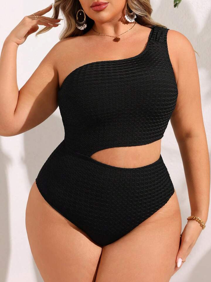 SHEIN VCAY Plus Size Women's Solid Color Cut-Out One-Shoulder Sexy Monokini Swimsuit For Vacation... | SHEIN