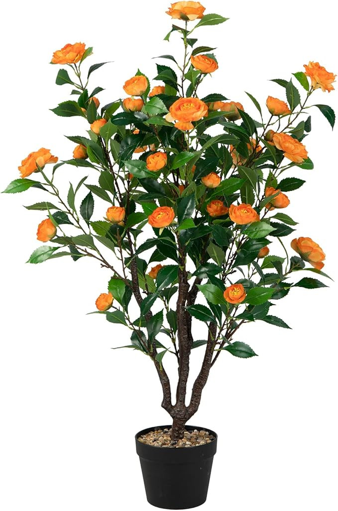 GOFLAME 3.3 FT Artificial Camellia Tree, Faux Camellia Plant in Pot with 37 Flowers, Natural Trun... | Amazon (US)