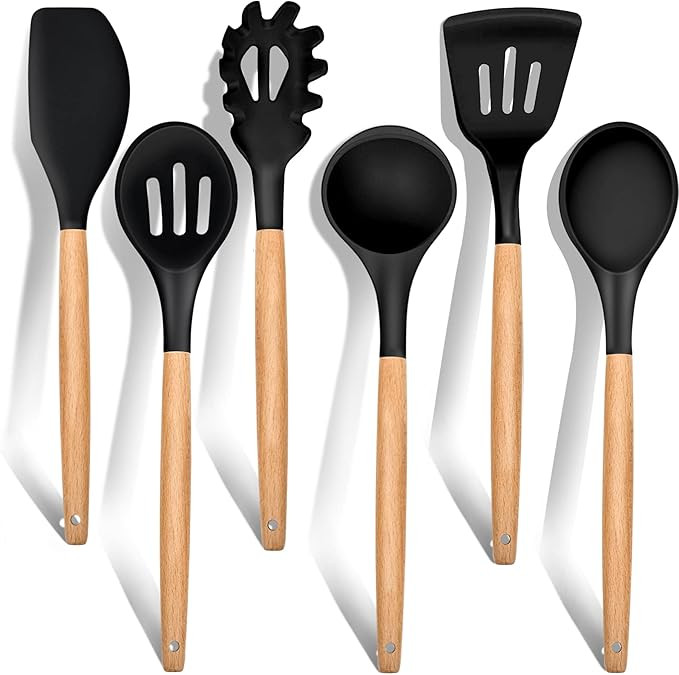 Cooking Utensils Set of 6, E-far Silicone Kitchen Utensils with Wooden Handle, Non-stick Cookware... | Amazon (US)