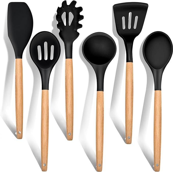 Cooking Utensils Set of 6, E-far Silicone Kitchen Utensils with Wooden Handle, Non-stick Cookware... | Amazon (US)