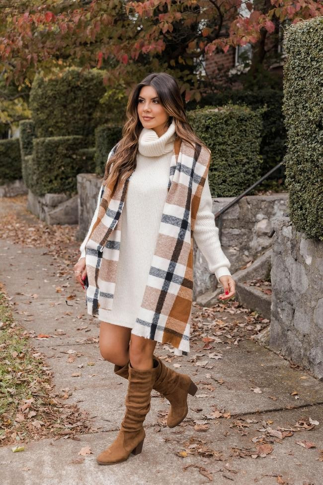 Stay Or Leave Cream Turtleneck Sweater Dress | Pink Lily