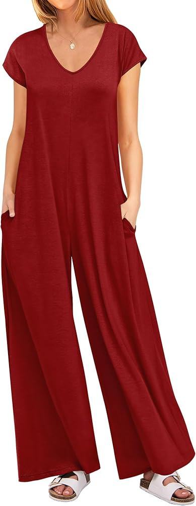 Amazon.com: ANRABESS Jumpsuits for Women 2026 Summer Casual Loose Cap Sleeve Crewneck Wide Leg Rompers Jumper One Piece Beach Outfits : Clothing, Shoes & Jewelry | Amazon (US)
