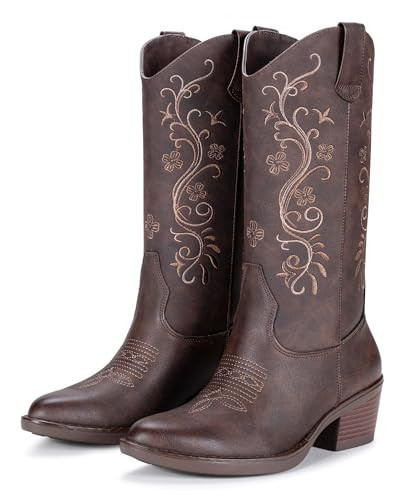 Vepose Cowboy Cowgirl Boots for Women, Western Embroidered Mid-Calf Comfortable Cute Boots, Whisky, Pointed Toe Pull-On Low Chunky Heel for Walk Country Concert 9802 Size 7.5 US (CJY9802 whisky 07.5) | Amazon (US)