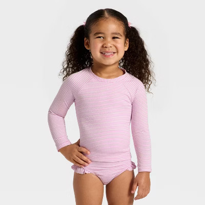 Toddler Girls' Long Sleeve Two Piece Ribbed Rash Guard Swimsuit Set - Cat & Jack™ Pink 3T | Target