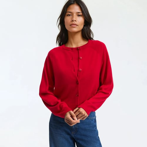 100% Wool Fine Knit Crew Neck Cardigan | La Redoute (UK)
