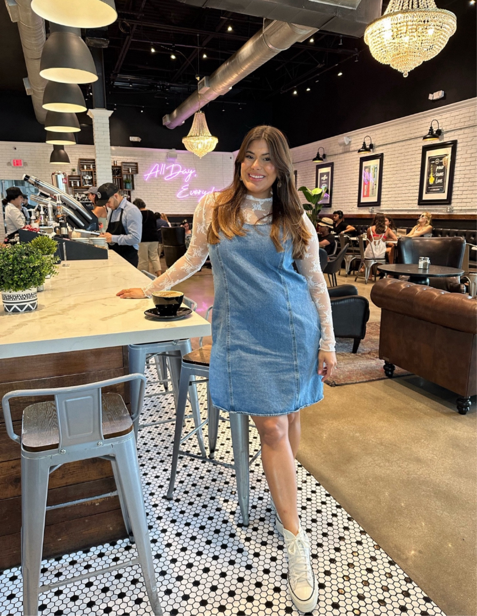 Sheer Mesh Long Sleeve Layering Top for Women Mock Neck Floral Lace Tshirt See Through Tee Shirt Blouse exactly like the Free People that it’s sold out! 🖤 love how cool and fashion this look is 
Denim overall
Summer outfit  

#LTKFindsUnder50 #LTKStyleTip #LTKMidsize