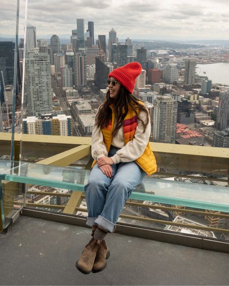 Granola girl outfit in Seattle, Washington. Cotopaxi vest. Madewell jeans. Blundstone boot outfit. Free people found my friend sweater. Sweaty Betty. Ray ban sunglasses. 

#LTKSeasonal #LTKtravel #LTKfit
