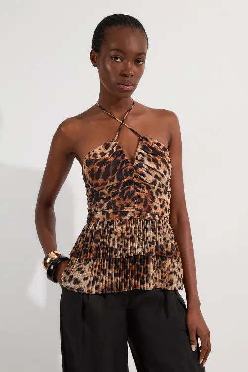 Karen Millen Tiered Halterneck Top in Animal at Nordstrom, Size 8 | Nordstrom