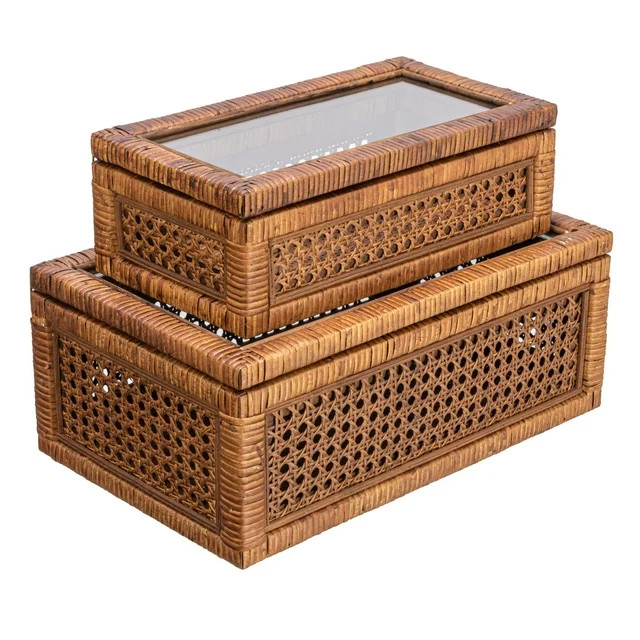 Creative Co-Op Modern Decorative Rectangle Woven Rattan and Wood Display Boxes with Glass Top, Se... | Walmart (US)