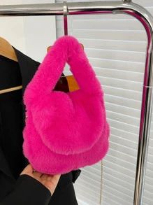 HomeBags & LuggageWomen BagsWomen SatchelsNeon Pink Chain Decor Fluffy Hobo Bag | SHEIN