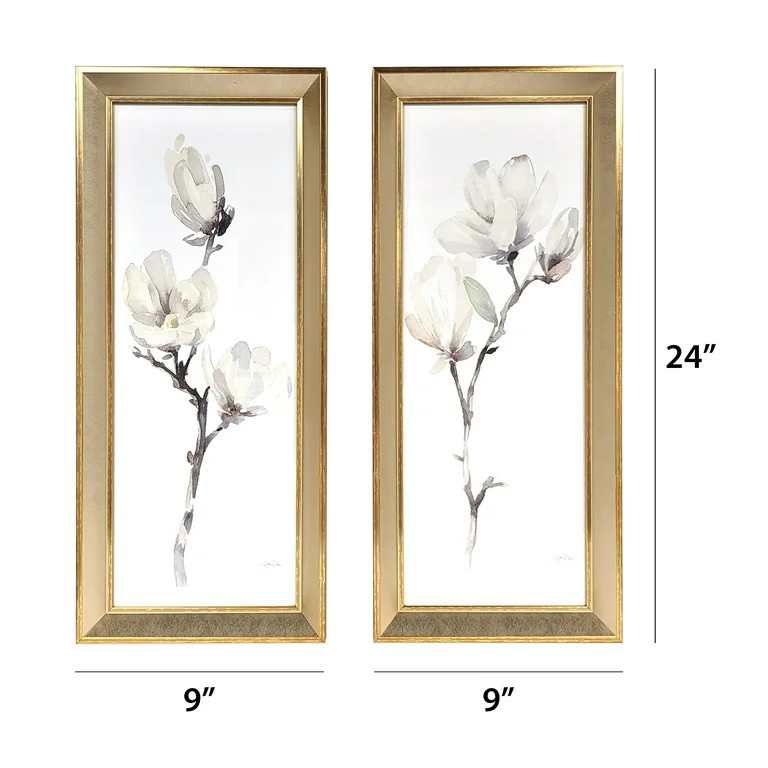 Harbortown 9x24 inch Magnolia Glass Framed Wall Art - 2 PC Set Wall Décor in White with Etched P... | Walmart (US)