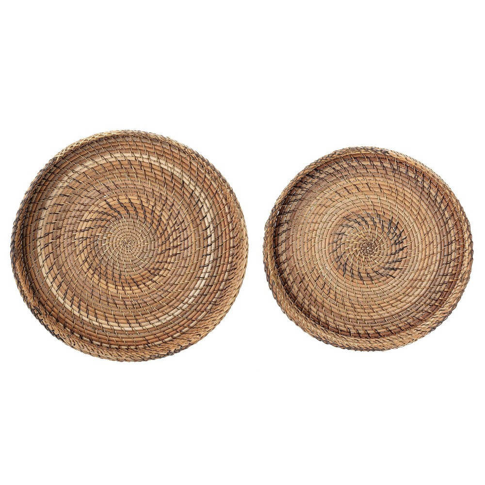 Set of 2 Round Rattan Trays with Stitching and Handles Black/Brown - Creative Co-Op | Target