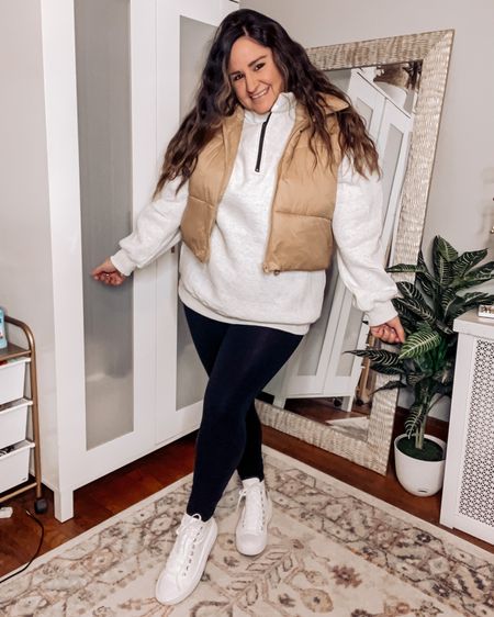 Wearing an XL in the cropped puffer vest
Wearing an L in the quarter zip
Wearing an L in the black leggings
White high tops tts

Casual style, comfy outfit, neutral outfit, Amazon outfit, Amazon style 

#LTKcurves #LTKunder50 #LTKFind