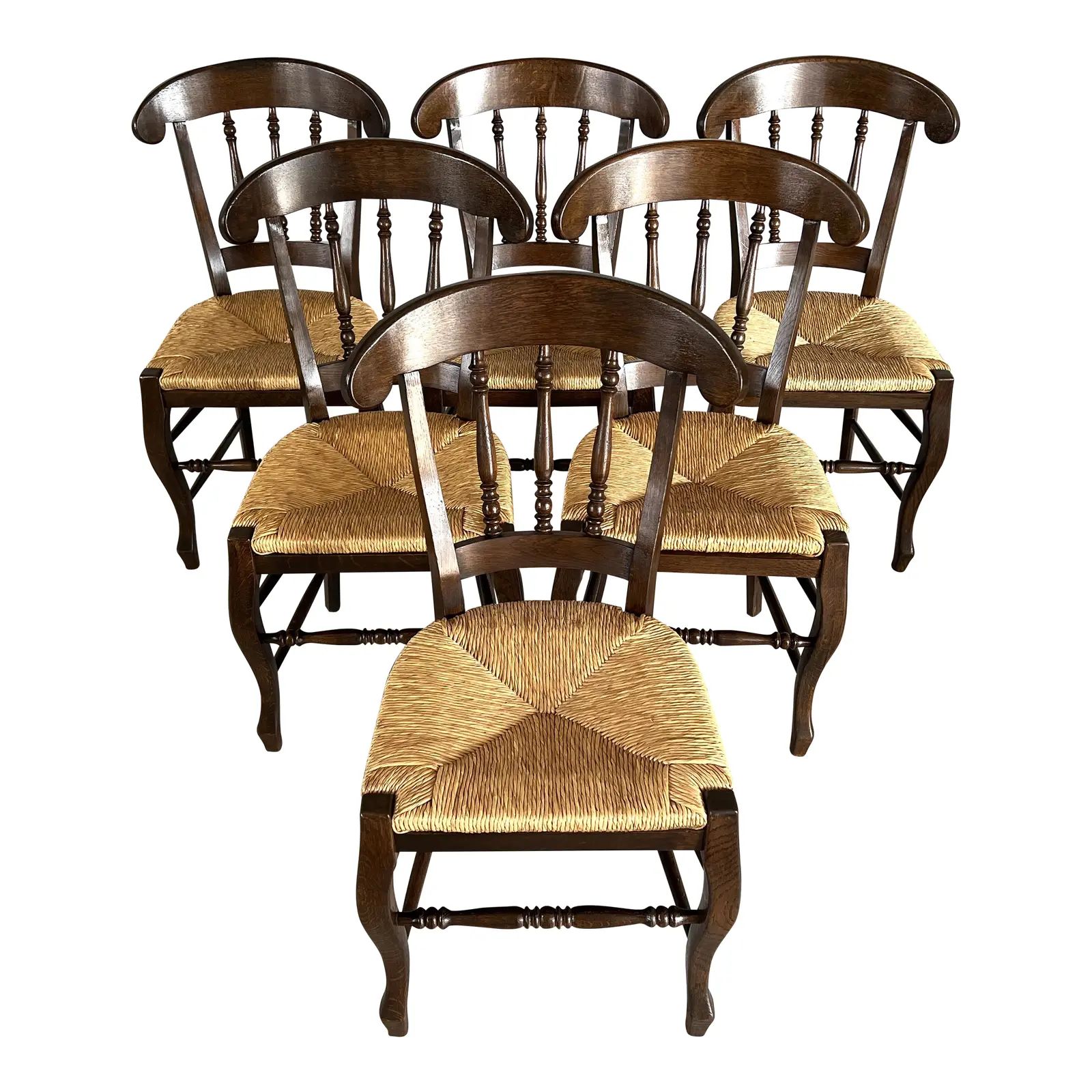 Vintage French Farmhouse Louis Philippe Style Carved Oak and Rush Woven Seats Dining Chairs - Set... | Chairish