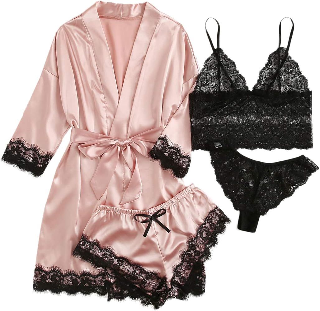 SOLY HUX Women's Satin Pajama Set 4pcs Floral Lace Trim Cami Lingerie Sleepwear with Robe | Amazon (US)