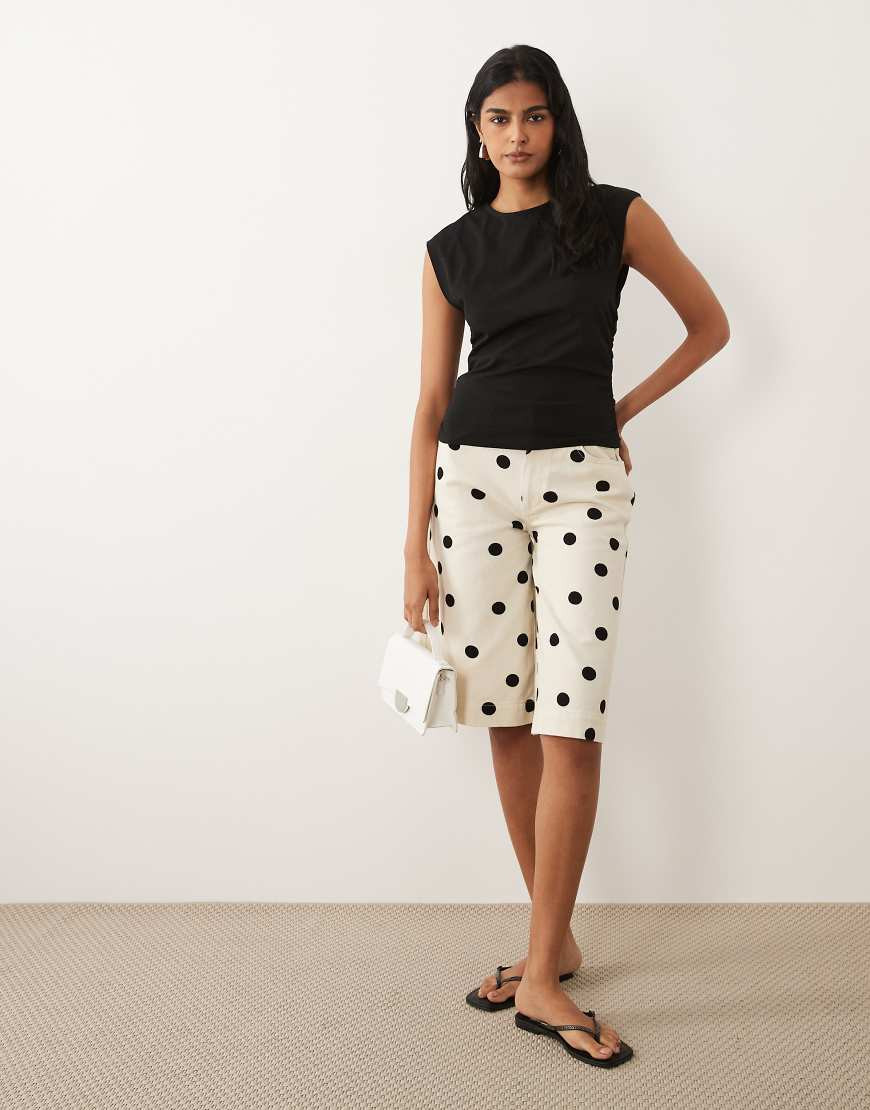 ASOS DESIGN denim bermuda short in cream polka dot-White | ASOS (Global)