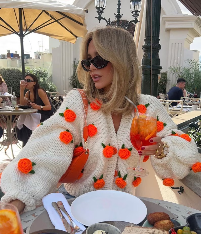 Leilayca Passion Roses , Ecru Cropped Cardigan With Orange Flowers , Orange Rose , Unique Vintage... | Etsy (US)