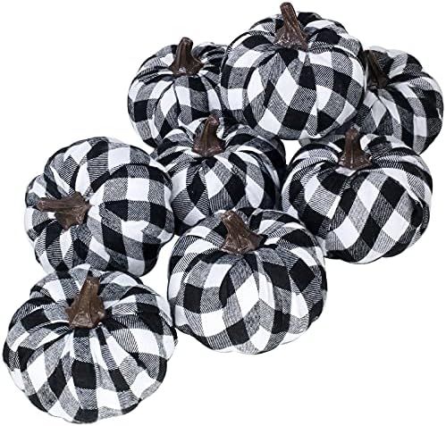 Set of 8 Small Faux Autumn Decorative Fabric Pumpkins Foam Pumpkins in Black & White Buffalo Chec... | Amazon (US)