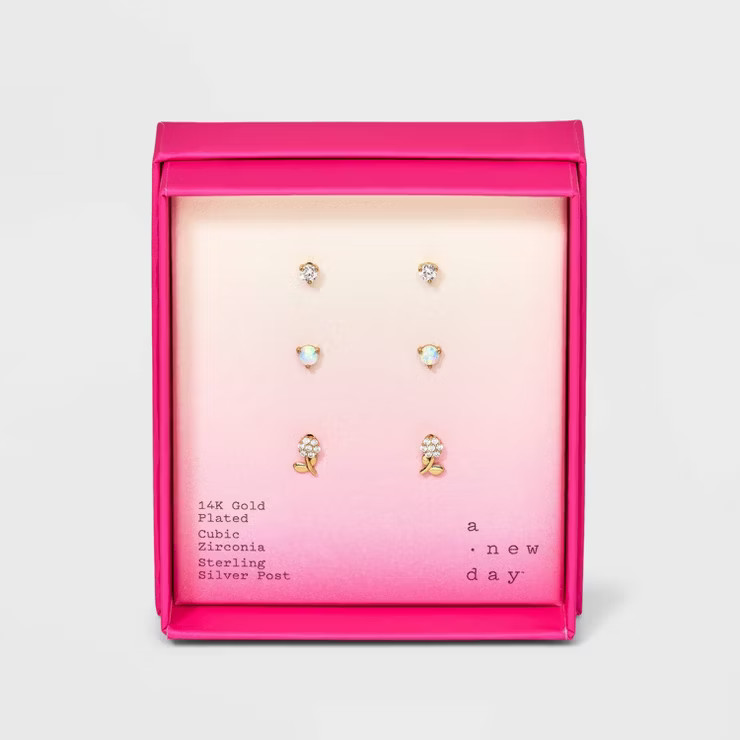 14K Gold Plated Cubic Zirconia Opal Stud Earring Set 3pc - A New Day™ Gold | Target