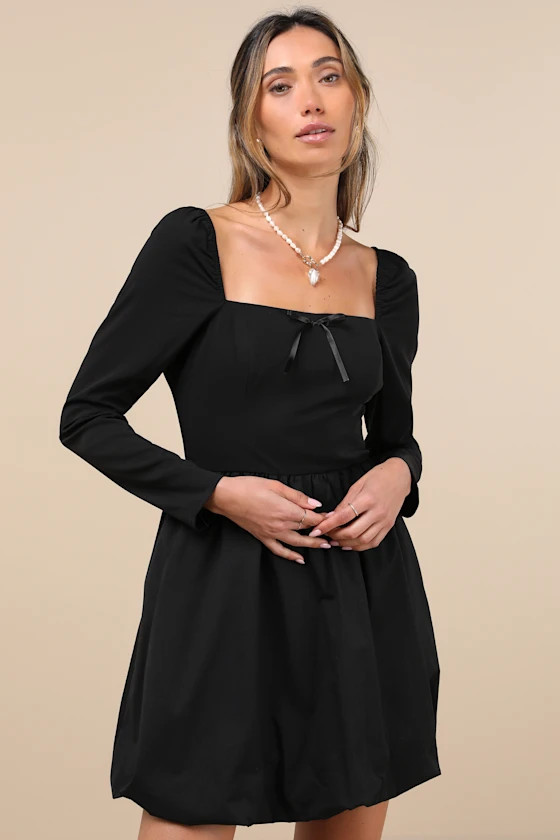 Darling Picture Black Bow Long Sleeve Bubble-Hem Mini Dress | Lulus