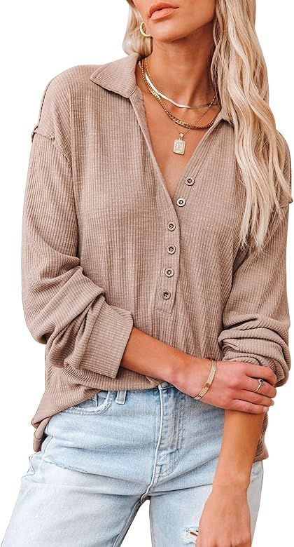 Chriselda Womens V-Neck Loose Knit Shirts Long Sleeve Waffle Henley Tunic Tops Trendy Pullover Sw... | Amazon (US)