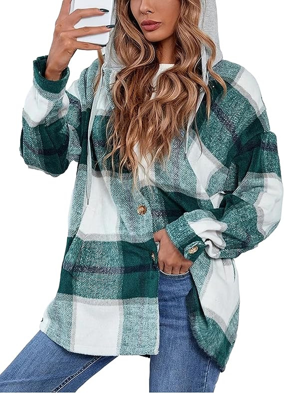 Bozanly Women's Oversized Flannel Plaid Shacket Jacket with Hood Long Sleeve Button Down Shirts H... | Amazon (US)
