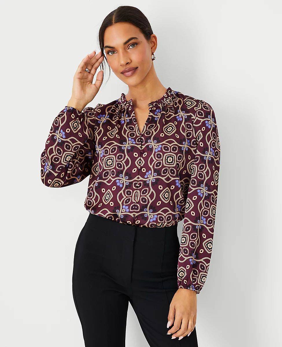 Medallion Mixed Media Ruffle Neck Top | Ann Taylor (US)