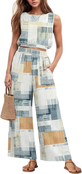 GRECERELLE Two Piece Sets for Women Sleeveless Crop Top Wide Leg Pants Sweat Set for Women Tracks... | Amazon (US)