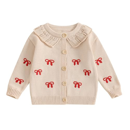 Toddler Baby Girl Sweater Bow Embroidery Warm Knitted Long Sleeves Pullover Infant Knitwear for Toddler (Beige-Bow Printed, 2-3 Years) | Amazon (US)
