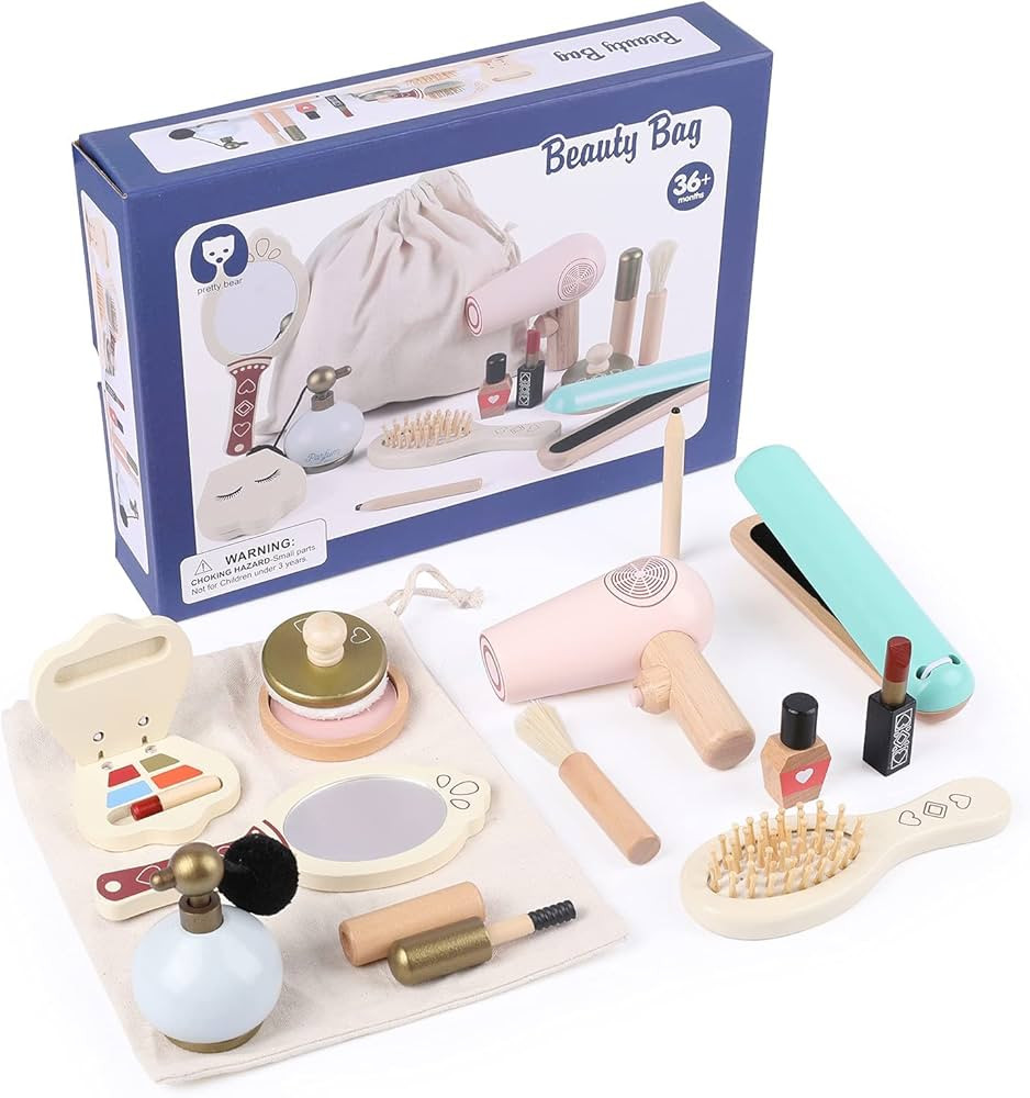 XAOHAO Pretend Play,Wooden Beauty Salon Toys for Girls, Make Up Set Toy Gift,15 Pieces Makeup Pla... | Amazon (US)