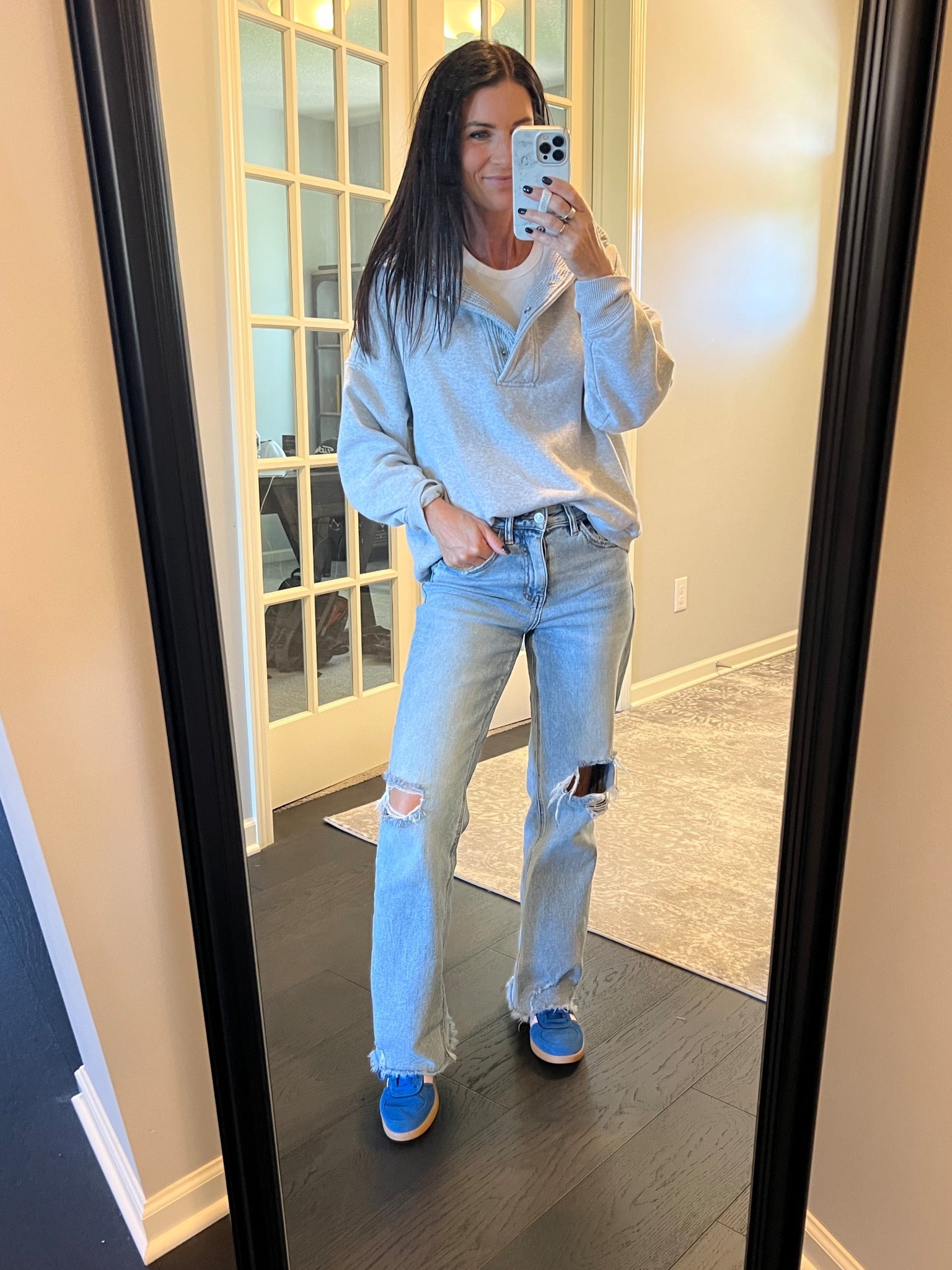 The “Oh Snap” sweatshirt is worth the hype! I’m wearing a small and it’s slightly oversized but not long  Currently 30% off and comes in tons of colors! 

Wore layered with my favorite slim tank today and my blue shoes to go cheer on my nephew at his football game! 💙 

#LTKFallSale #LTKSeasonal #LTKOver40
