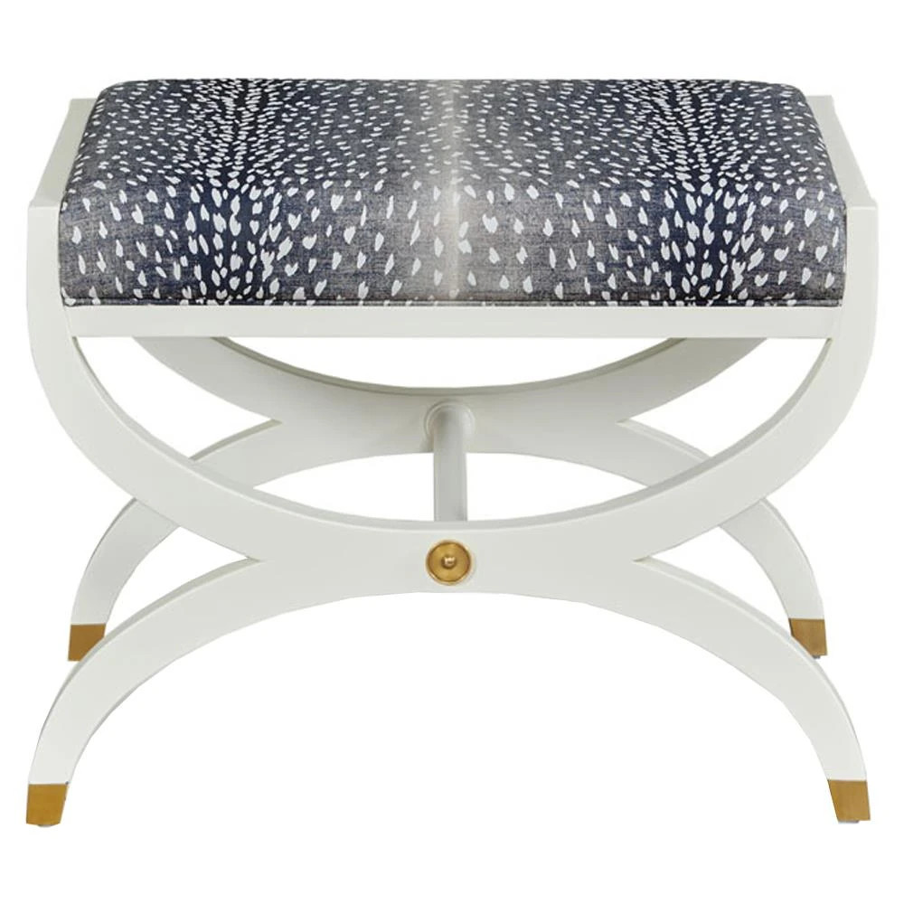 O'Brien French Country White Dove Wood Navy Blue Upholstered Stool | Kathy Kuo Home