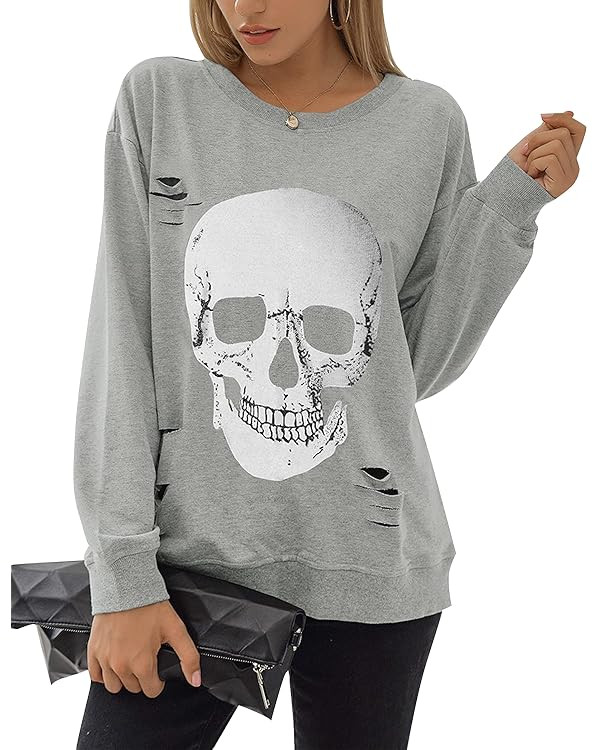 Blooming Jelly Women's Crewneck Sweatshirt Skull Graphic T Shirts Long Sleeve Top Pullover Oversi... | Amazon (US)