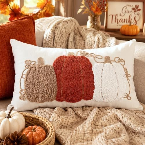 Boao Fall Pumpkin Pillow Covers 12x20 Rustic Orange Beige Lumbar Case | Chenille Knit Embroidery ... | Amazon (US)