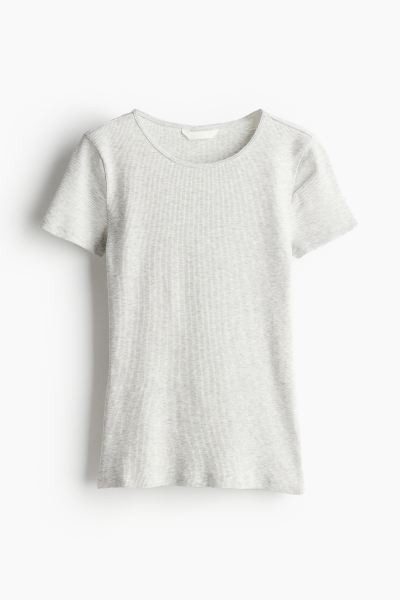 Ribbed T-shirt - Round Neck - Short sleeve - Light gray melange - Ladies | H&M US | H&M (US + CA)