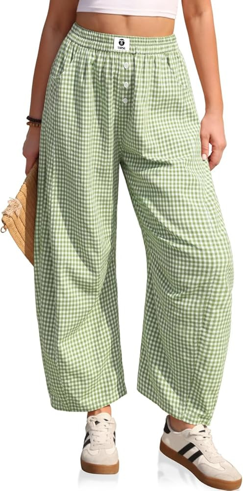 TARSE Gingham Pants Women Barrel Loose Wide Leg Checkered Casual Linen Plaid Trousers with Pocket... | Amazon (US)