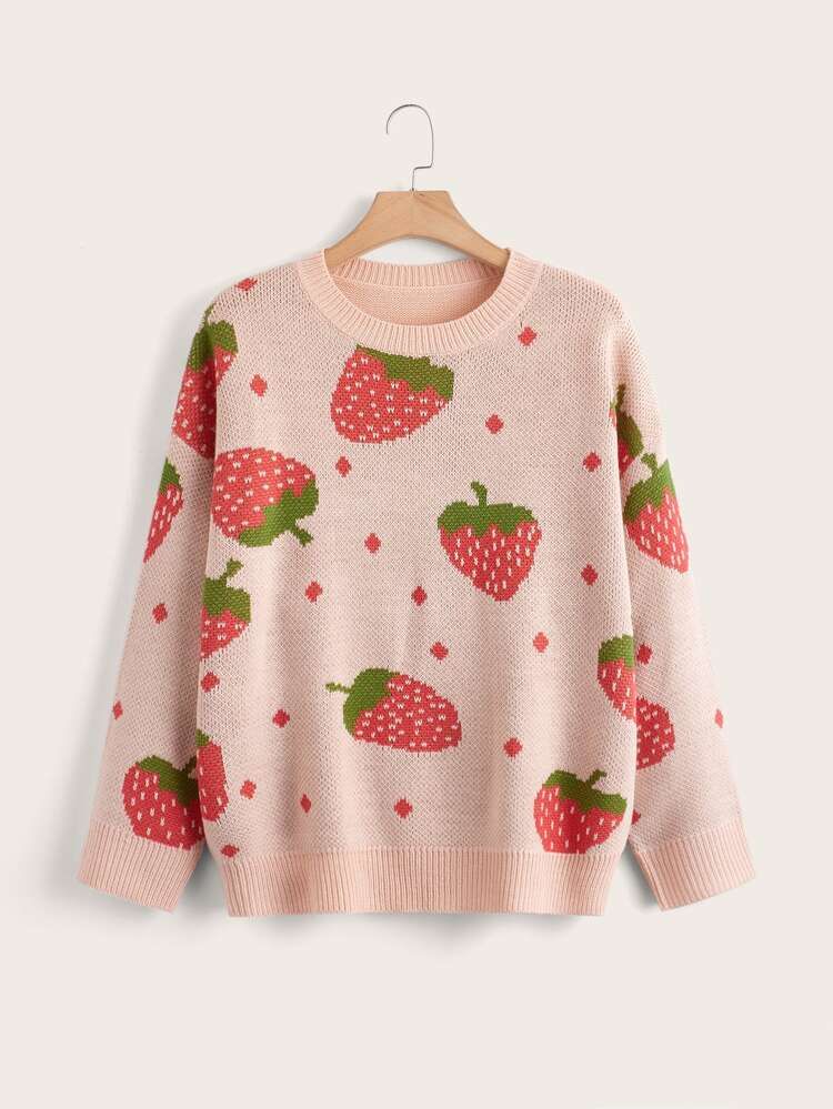 Plus Strawberry Pattern Drop Shoulder Sweater | SHEIN
