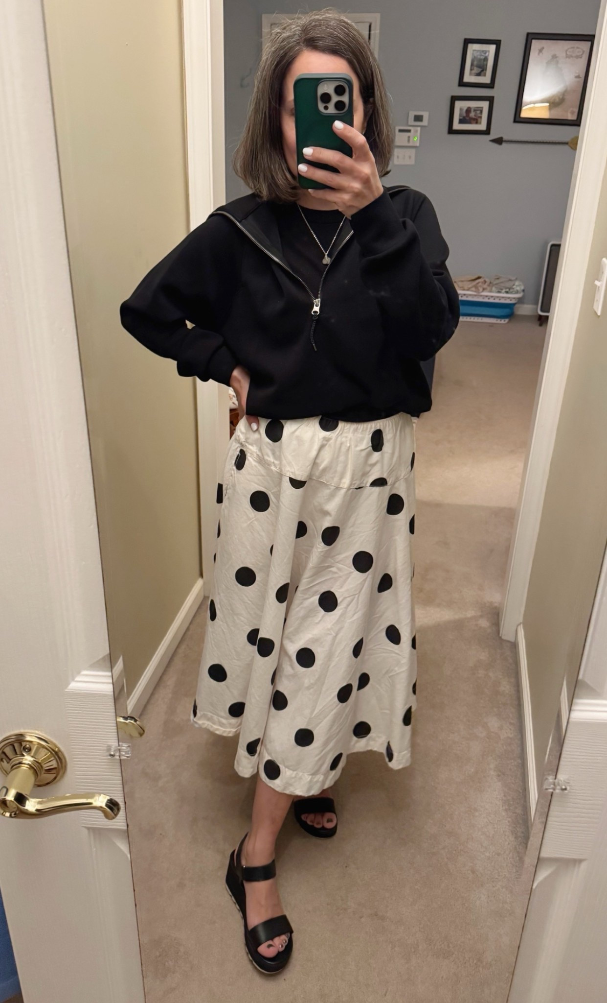 Spring ootd for an evening out! Spanx sweatshirt, Free People polka dot skirt, Sorel wedge sandals.

#LTKdayinmylife #LTKootd #LTKOver40