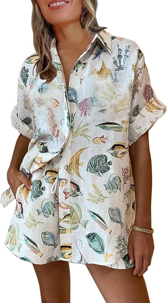 Peaceglad Women's Print 2 Piece Pajama Set Short Sleeve Button Down Tops Drawstring Shorts Lounge... | Amazon (US)