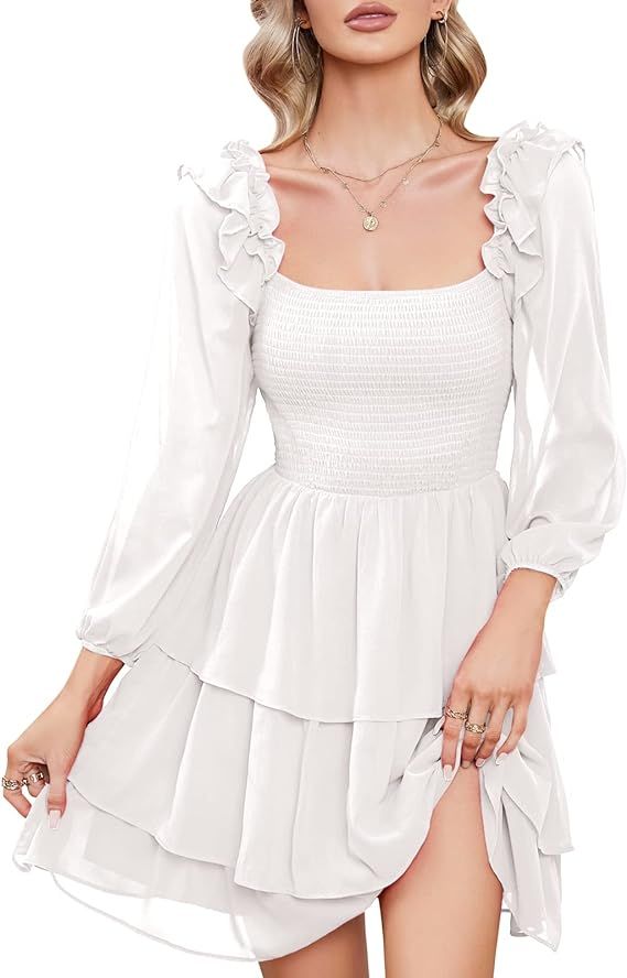 Byinns Women's Smocked Ruffle Mini Dress Square Neck Long Sleeve Party Dress Cute Cottagecore Wed... | Amazon (US)
