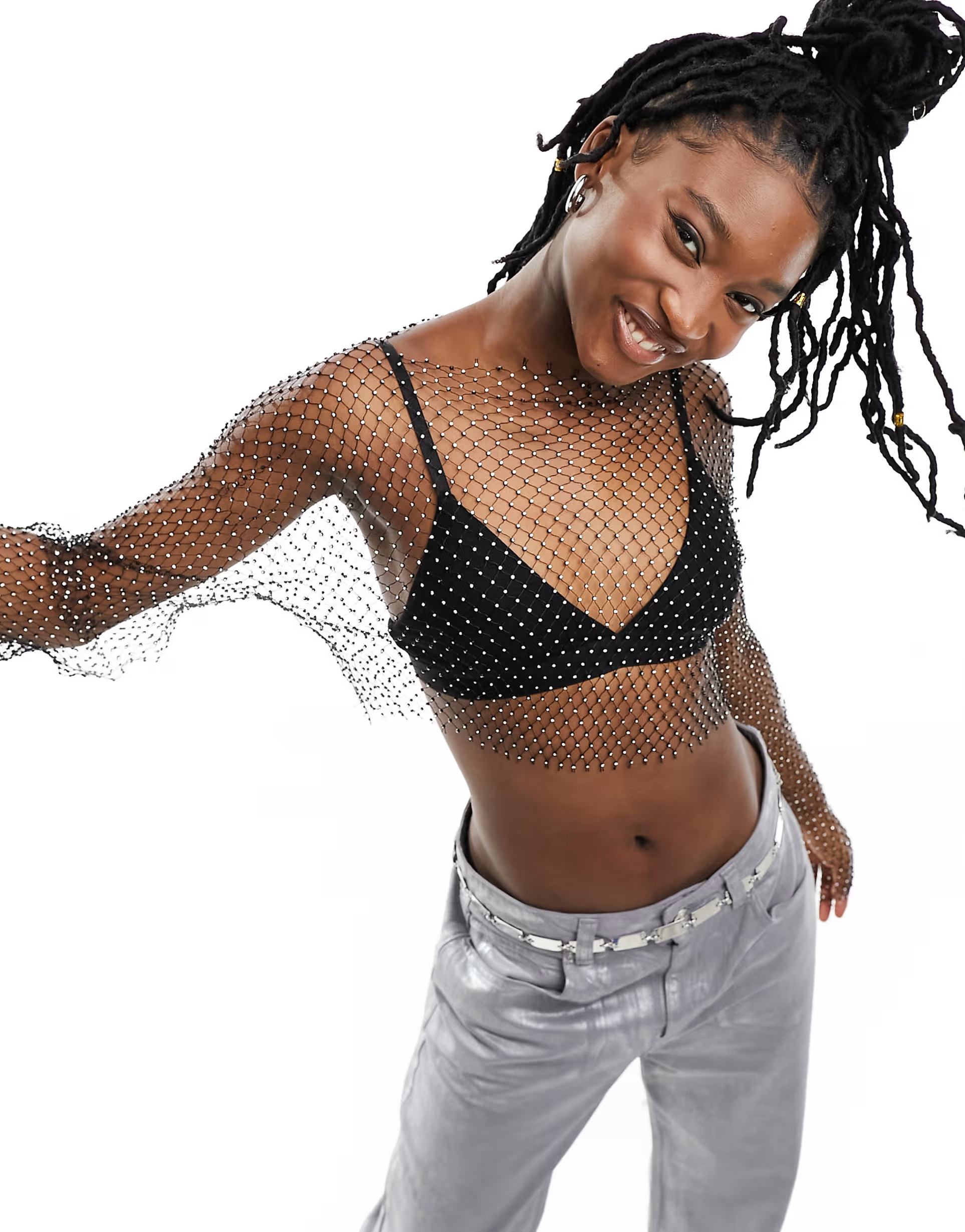 Noisy May diamante fishnet top in black | ASOS (Global)
