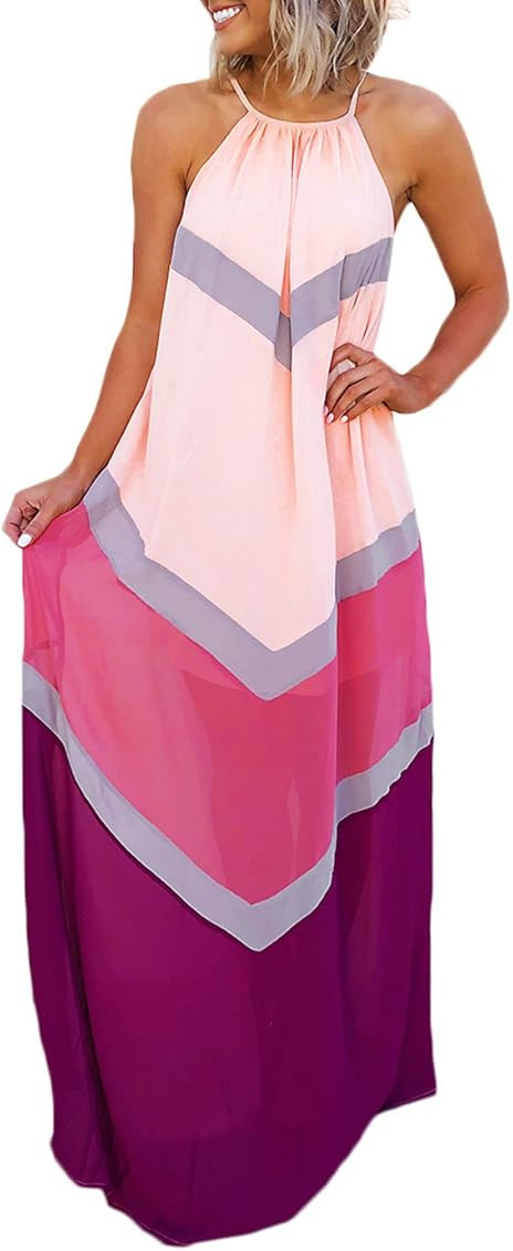 Joyfunear Women's Chiffon Halter Striped Color Patchwork Pleated Back Hollow Out Maxi Long Dresses | Amazon (US)