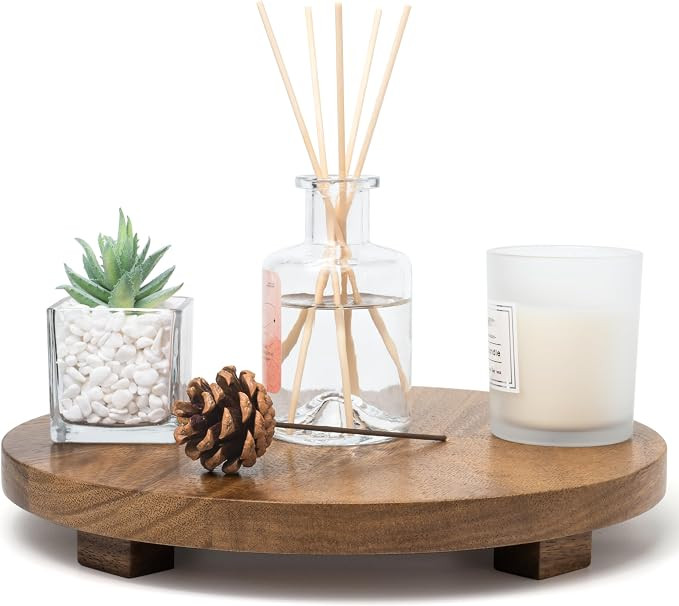 Zurklulu Round 11.8" Acacia Wood Decorative Tray – Farmhouse Wood Riser Pedestal Stand for Kitc... | Amazon (US)