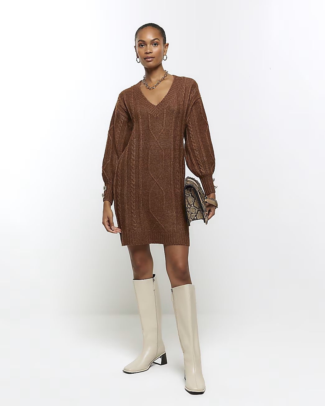 Brown cable knit jumper mini dress | River Island (UK & IE)