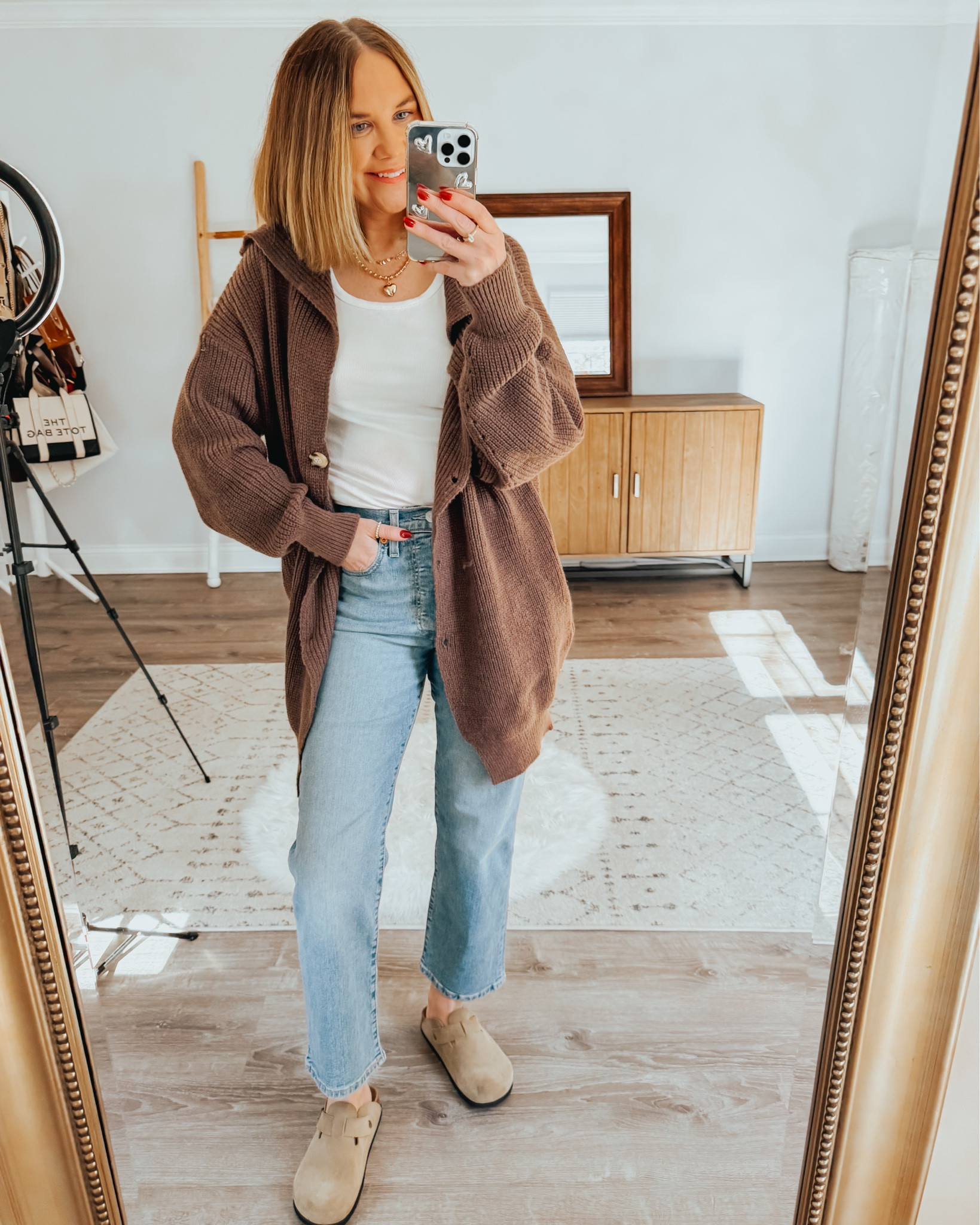 Casual every day fall outfit, wearing a medium in the sweater and the straight leg jeans fit TTS.
Casual style, Mom outfit, waffle knit cardigan, look for less, clogs, Levi’s, neutral outfit 

#LTKOver40 #LTKSeasonal #LTKStyleTip