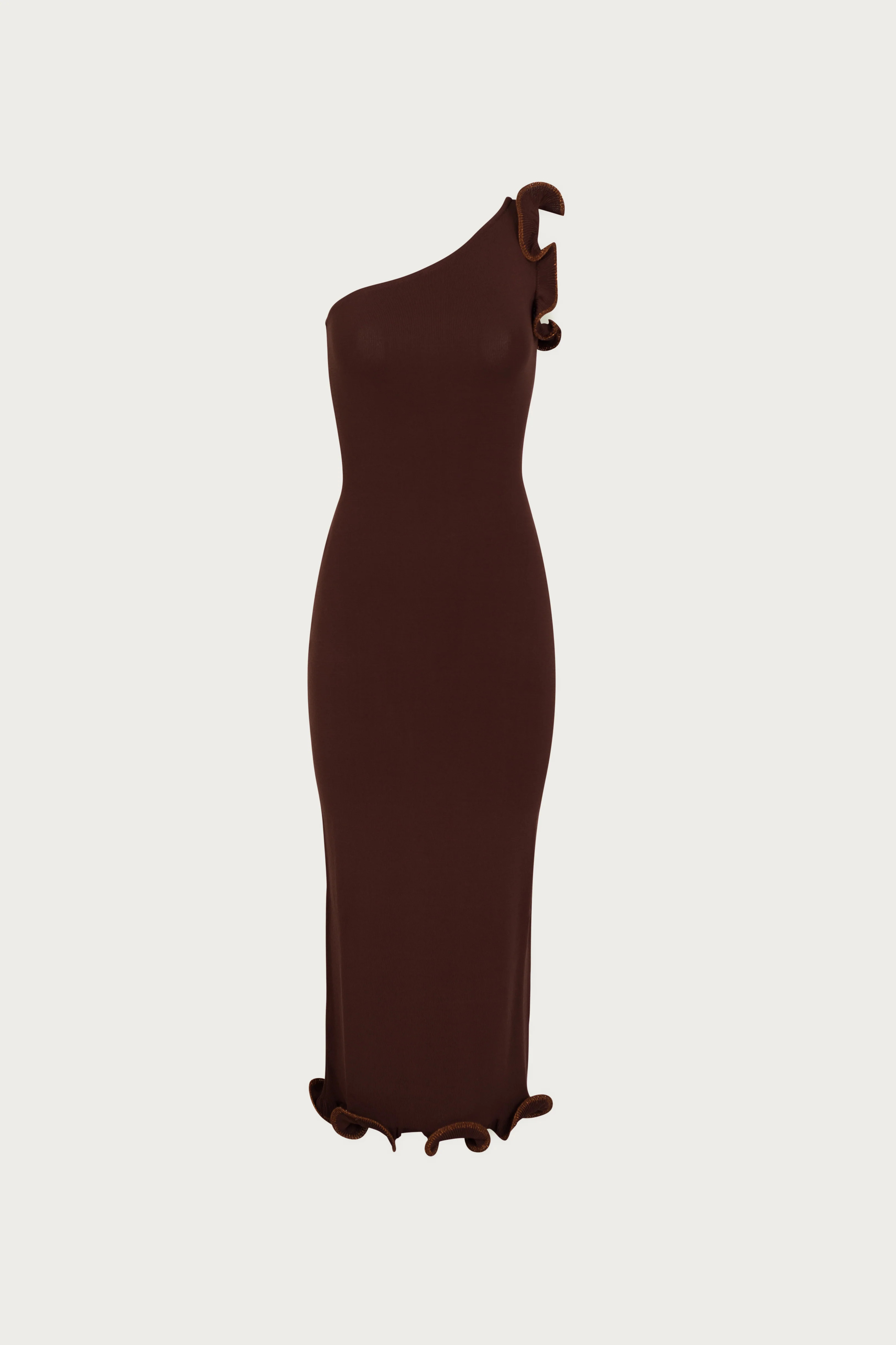Ruffle Hem One Shoulder Dress (Chocolate Brown/Brown Lurex) | SAME