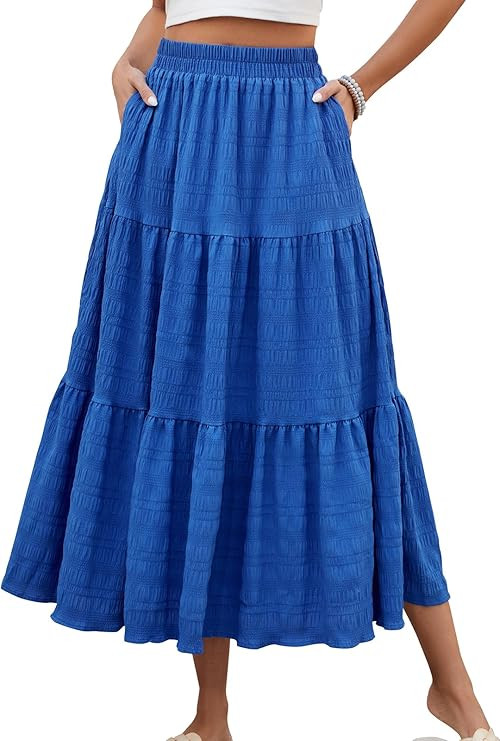 HUSKARY Women's Summer Casual Elegant Smock Layered Tiered Maxi Skirt High Waisted A Line Flowy L... | Amazon (US)