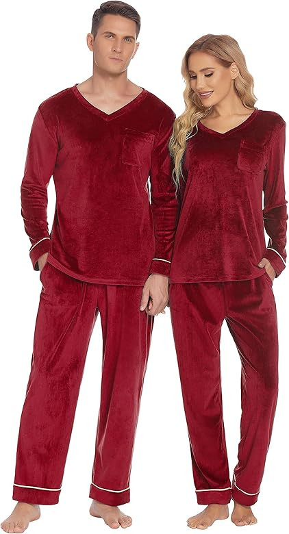 Ekouaer Couples Matching Pajamas Sets Velvet PJs Set for Men and Women Velour Long Sleeve Sleepwe... | Amazon (US)