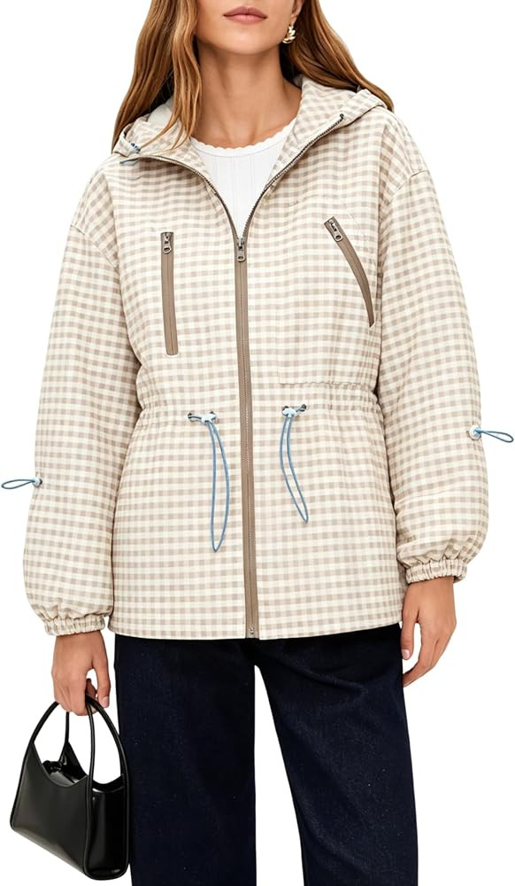 HALO RAIN Women's Plaid jacket Casual Windproof Windbreaker with Hood | Amazon (US)